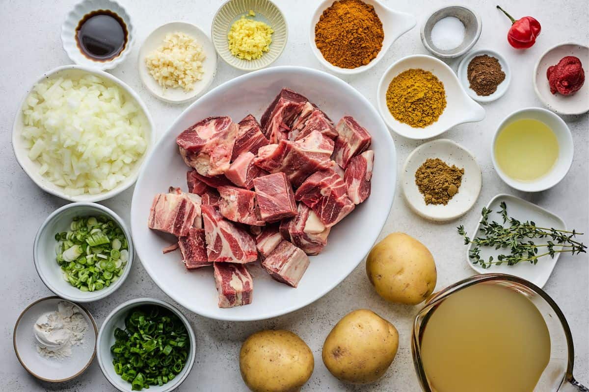 Overhead shot of ingredients to make curry goat on the table before mixing
