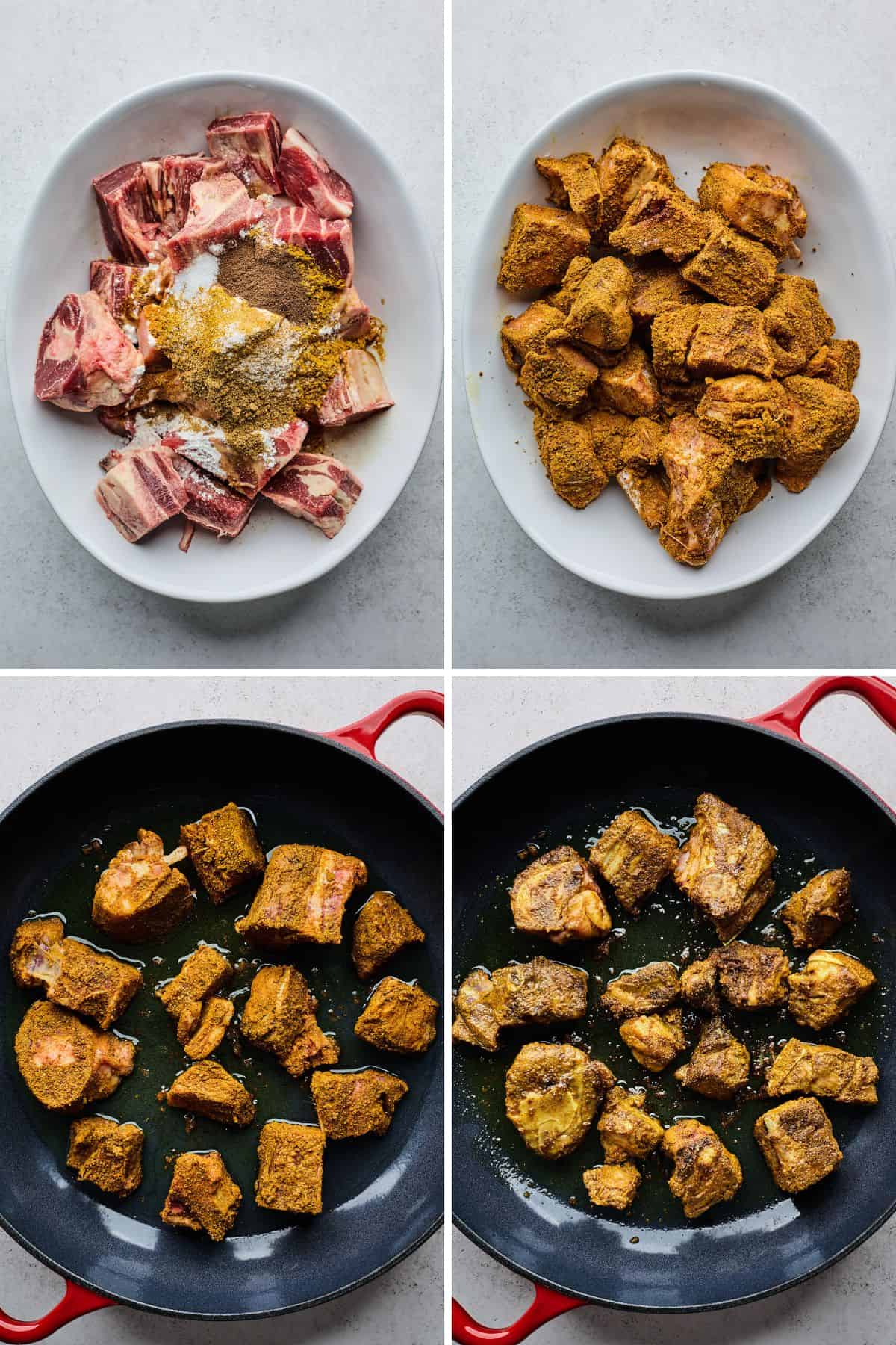 Collage of steps to make curry goat including seasoning and searing the meat