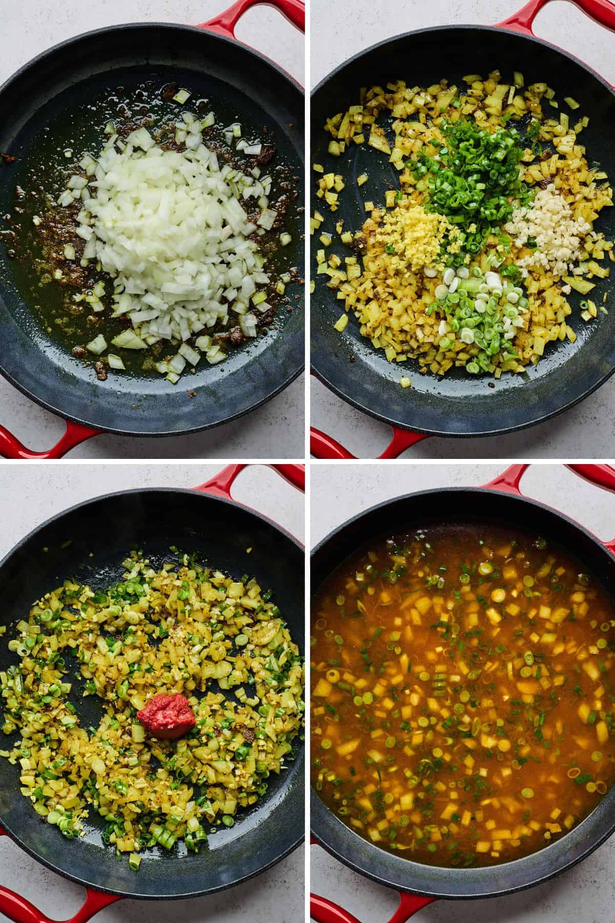 Collage of steps to make curry goat including sauteing the vegetables, adding the tomato paste, and adding the chicken stock