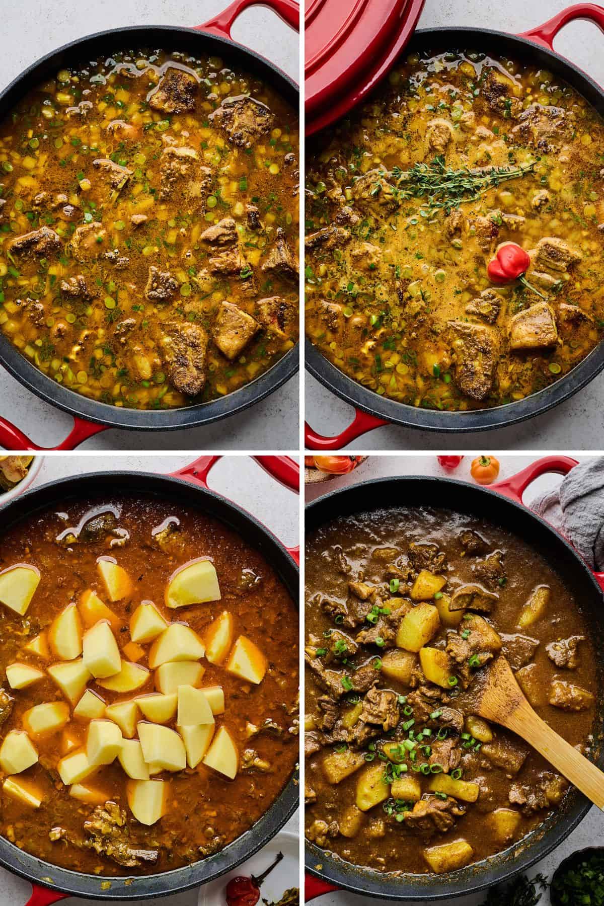 Collage of steps to make curry goat including adding the cooked meat to the stew mixture, adding herbs and a pepper, adding the potatoes, and finishing cooking the stew