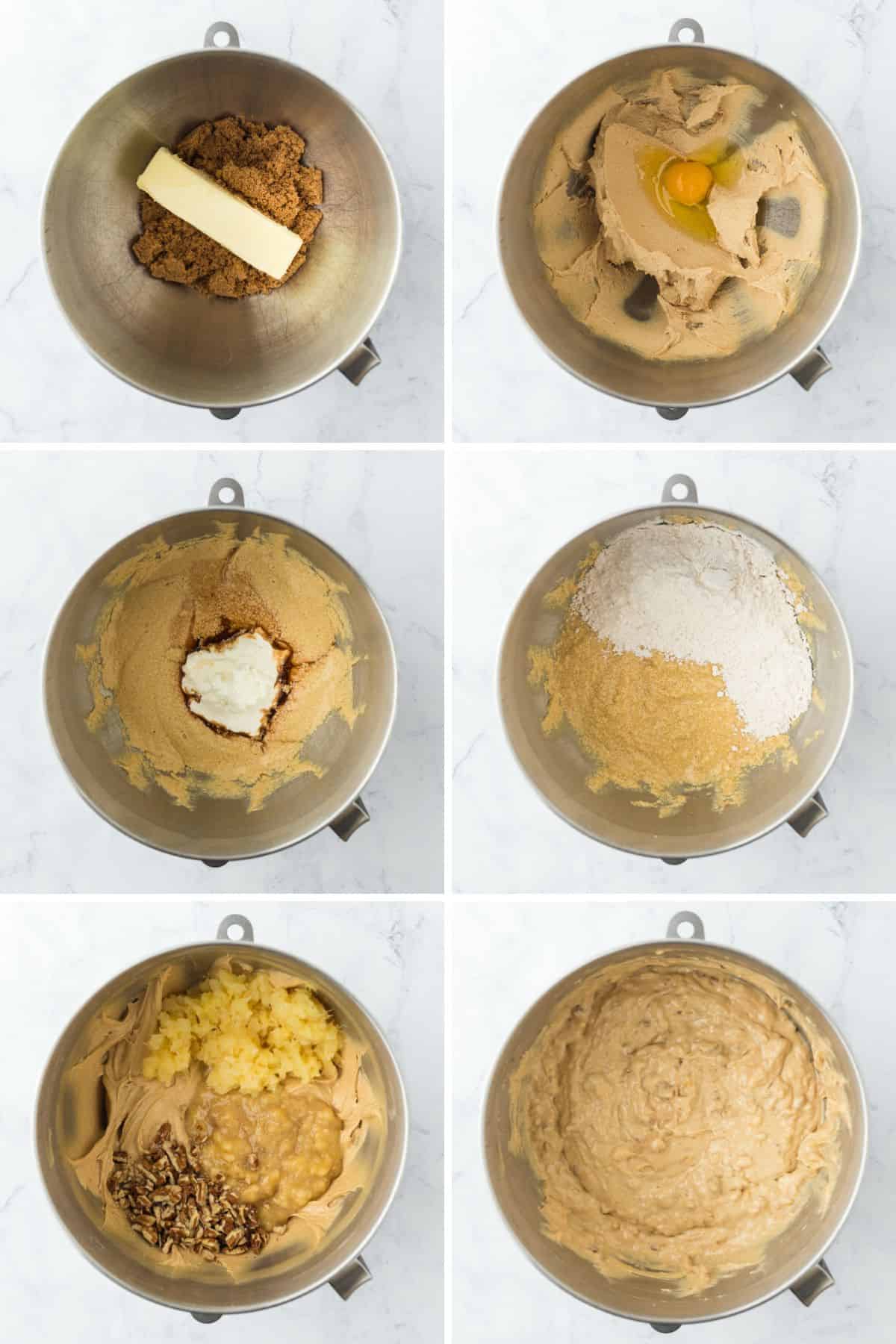 Steps to make hummingbird bread, including mixing the rest of ingredients with the dry ingredients, and dough fully mixed in a bowl