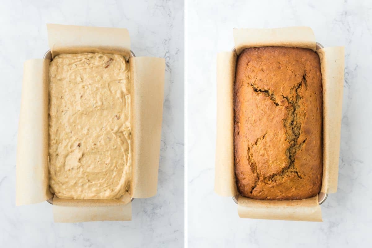 Steps to make hummingbird bread, including the bread in a loaf pan before and after baking