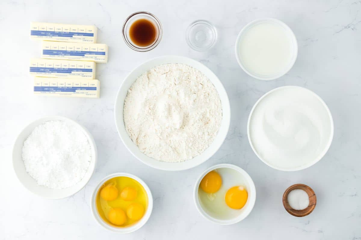 Overhead shot of ingredients to make million dollar pound cake on the table before mixing