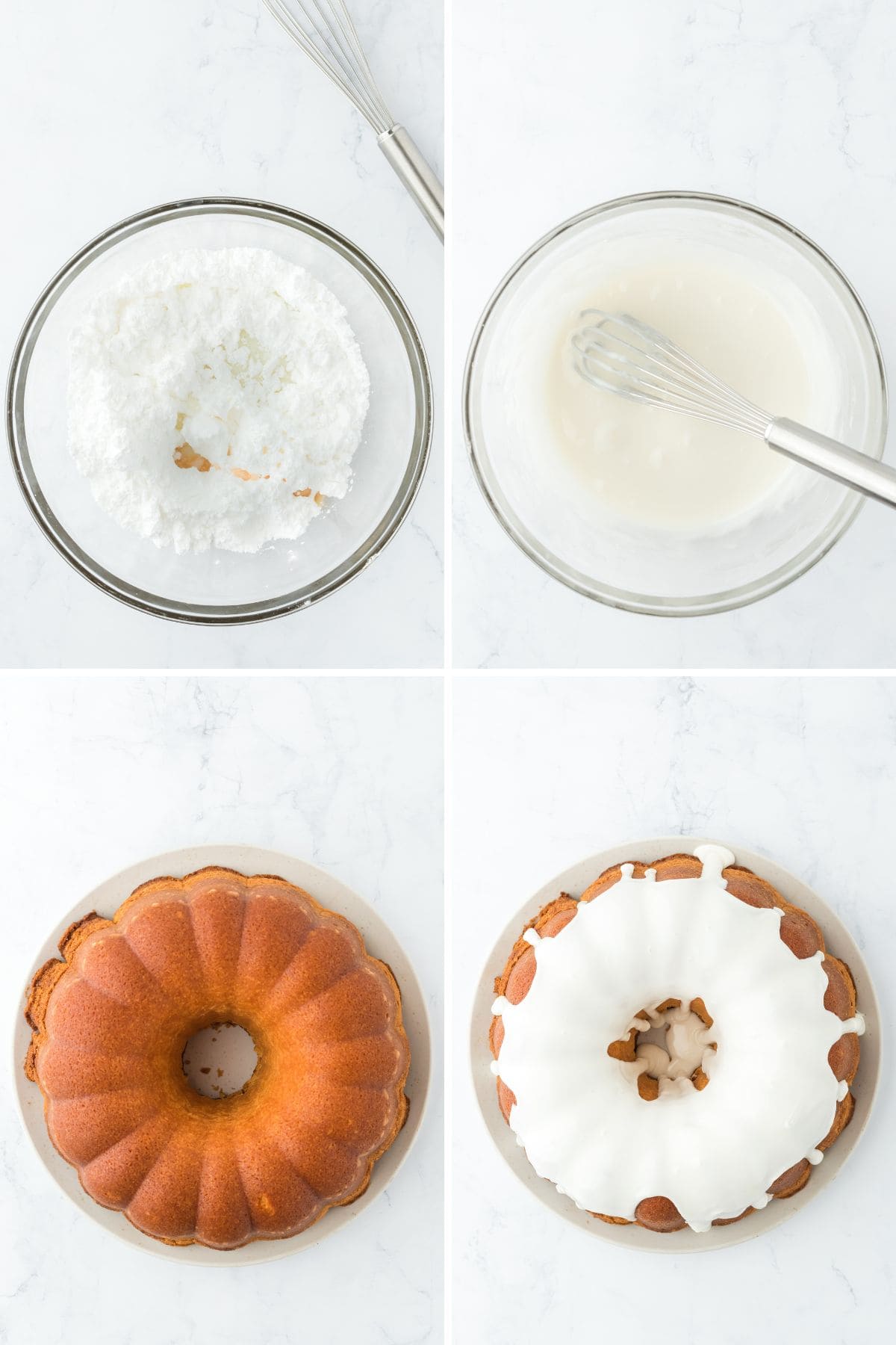 Collage of steps to make million dollar pound cake including mixing the glaze and pouring it over the cake