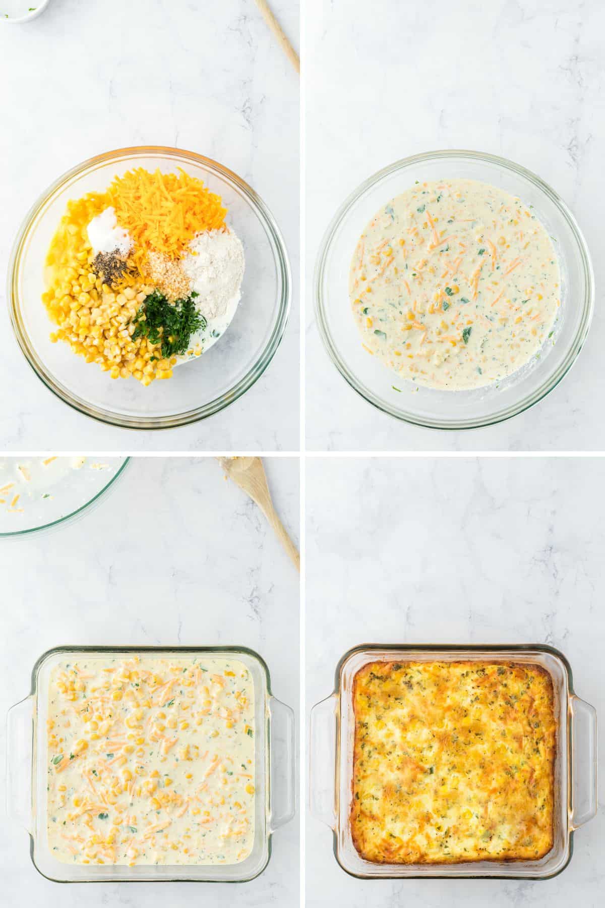 Collage of steps to make this recipe, including mixing all the ingredients, pouring them in the glass baking dish, and scalloped corn after baking