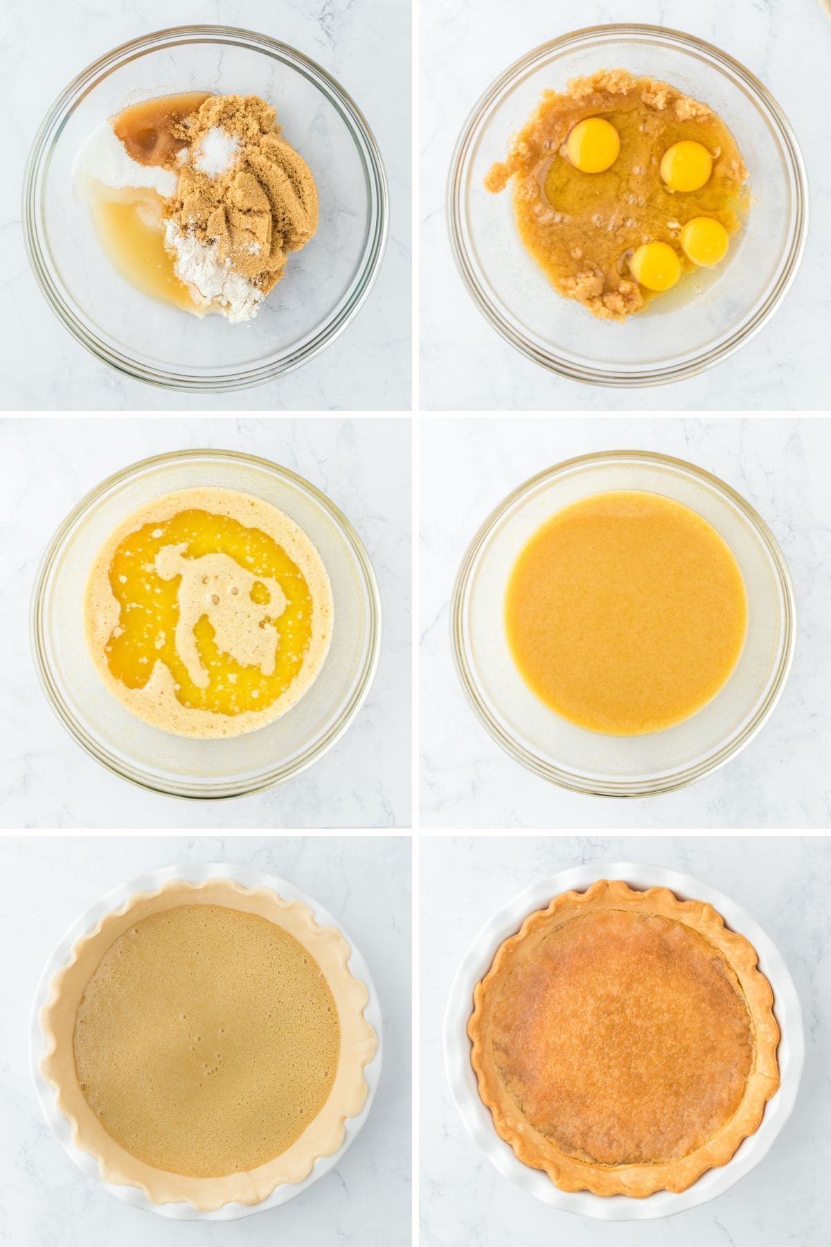Collage of steps to make vinegar pie including mixing the pie filling, pouring it into the pie crust, and pie after baking