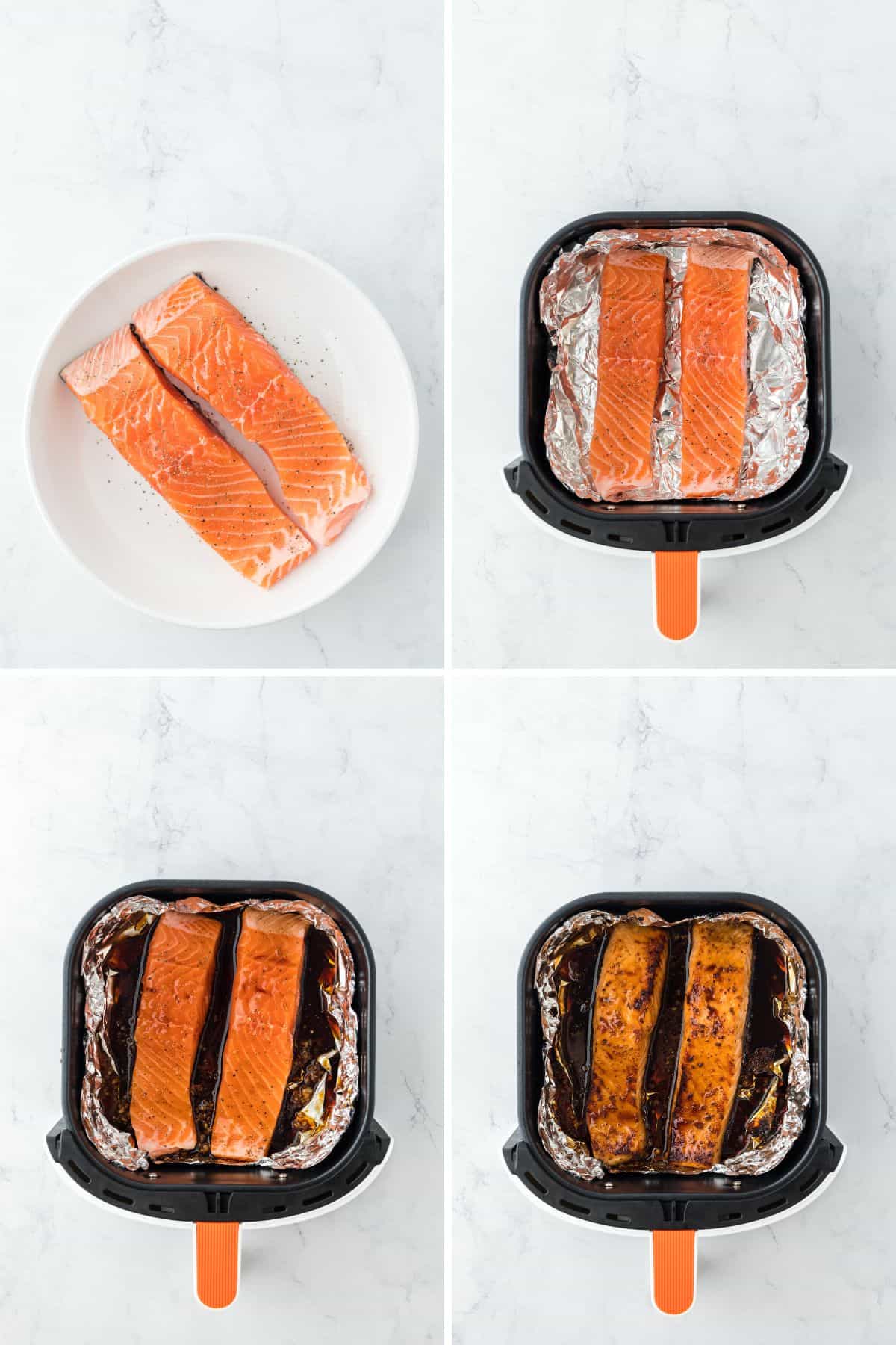 A step by step image collage on how to make air fryer salmon with seasoning the fillets and cooking the fillets in the air fryer