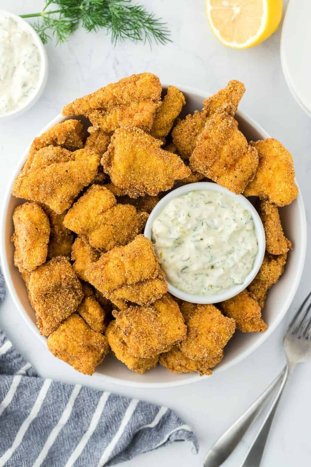 Crispy Catfish Nuggets {Cornmeal Breading} Grandbaby Cakes