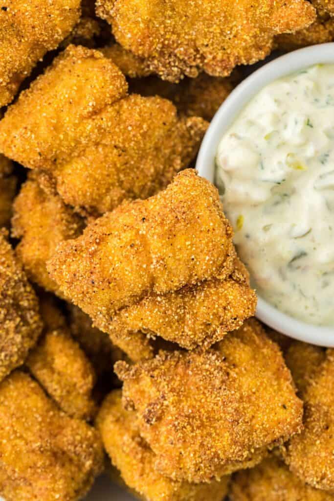 Crispy Catfish Nuggets {Cornmeal Breading} Grandbaby Cakes