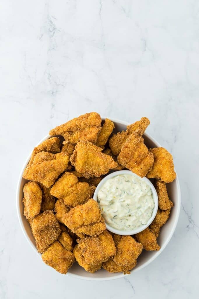 Crispy Catfish Nuggets {Cornmeal Breading} Grandbaby Cakes
