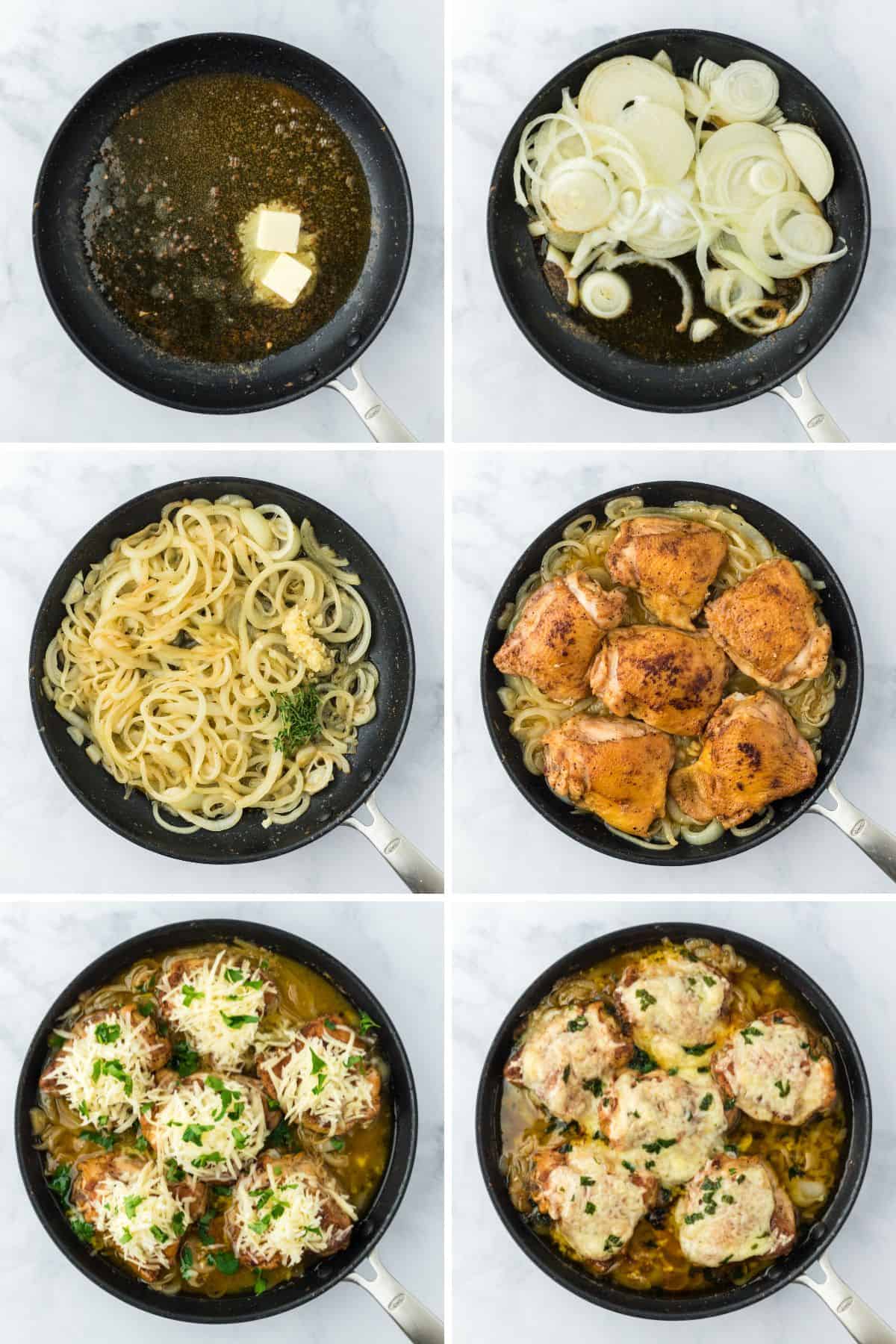 A step by step image collage on how to make french onion chicken with cooking the onions, baking the chicken, adding cheese on top, and baking the chicken again