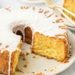 louisiana crunch cake sliced on a white plate