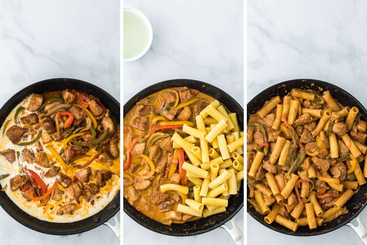 A step by step image collage on how to make rasta pasta with adding half and half to the pan, adding the cooked pasta, and stiring the pasta with the sauce