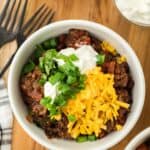 sheet pan chili in a white bowl