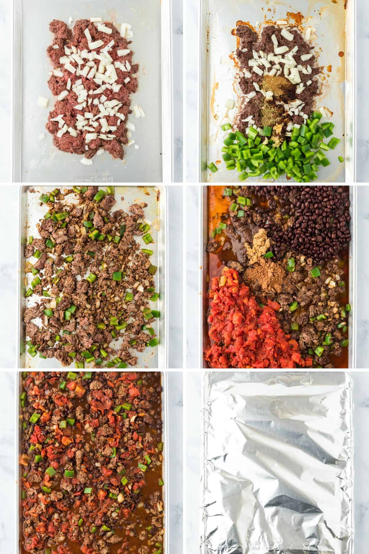 A step by step image collage on how to make sheet pan chili with mixing the veggies with the beef, adding the beans, the spices and the rest of ingredients, and roasting again covering it with foil