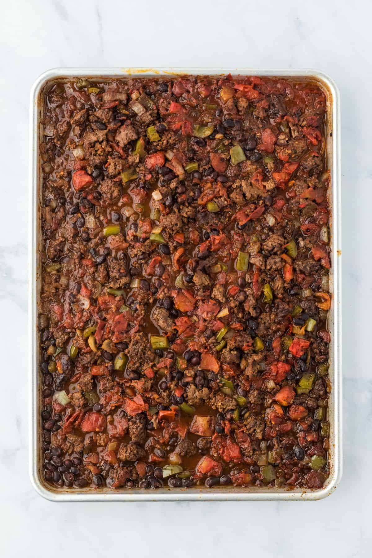 Overhead shot of sheet pan chili after roasting