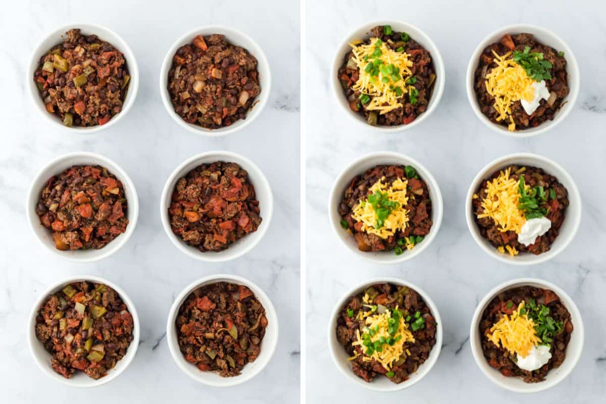 A step by step image collage on how to make sheet pan chili with portioning the chili in bowls, and adding toppings