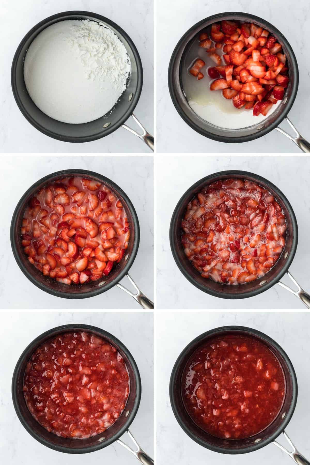 Collage of steps to make strawberry sauce with mixing the sugar, cornstarch and salt, adding the strawberries, heating the mixture, crushing the strawberries, and simmering the finished sauce