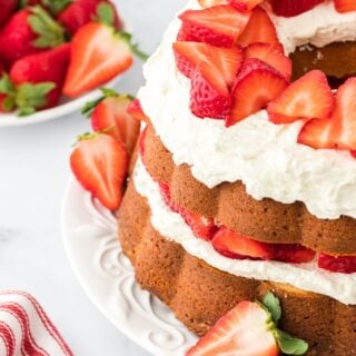 A close up of strawberry shortcake pound cake ready to enjoy