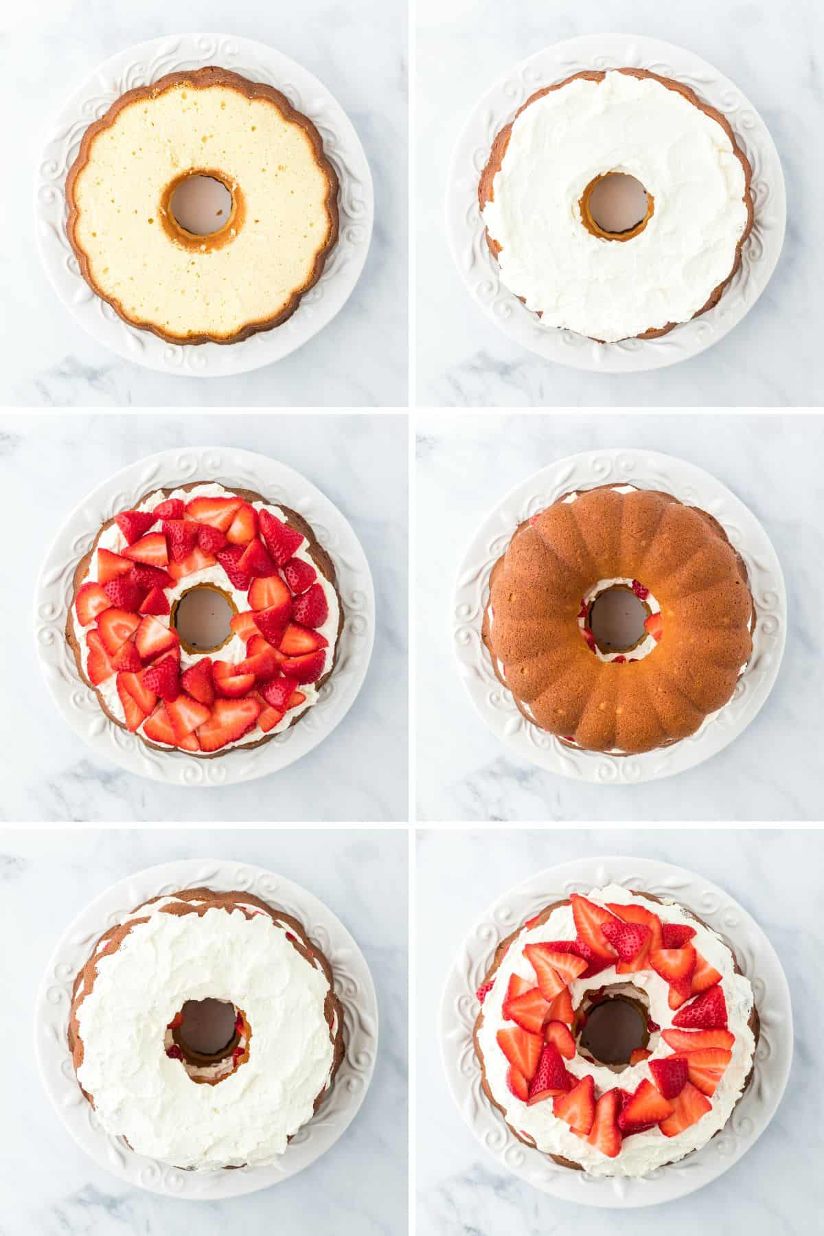 A step by step image collage on how to make strawberry shortcake pound cake with slicing the cake, spreading the whipped cream in each layer, and adding the strawberries to assemble the cake