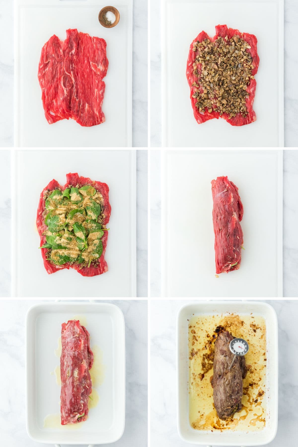 A step by step image collage on how to make stuffed flank steak with seasoning and stuffing the steak, rolling it, and baking it