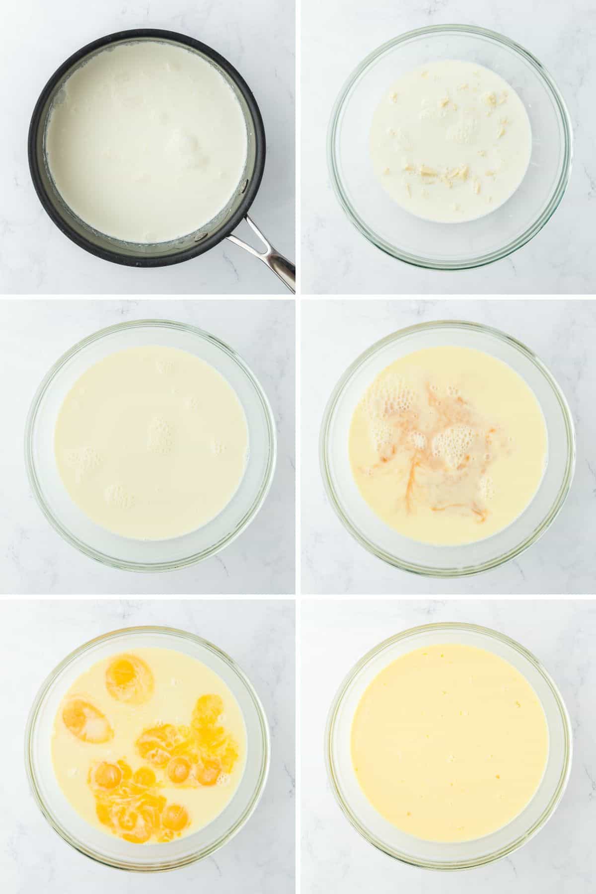 Collage of steps to make white chocolate bread pudding with heating milk and heavy cream, mixing them with white chocolate, and mixing the rest of ingredients