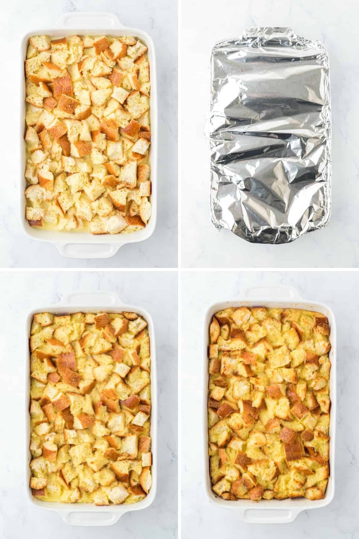 Collage of steps to make white chocolate bread pudding with pouring the white chocolate mixture over the bread, covering the bread with foil, and baking it