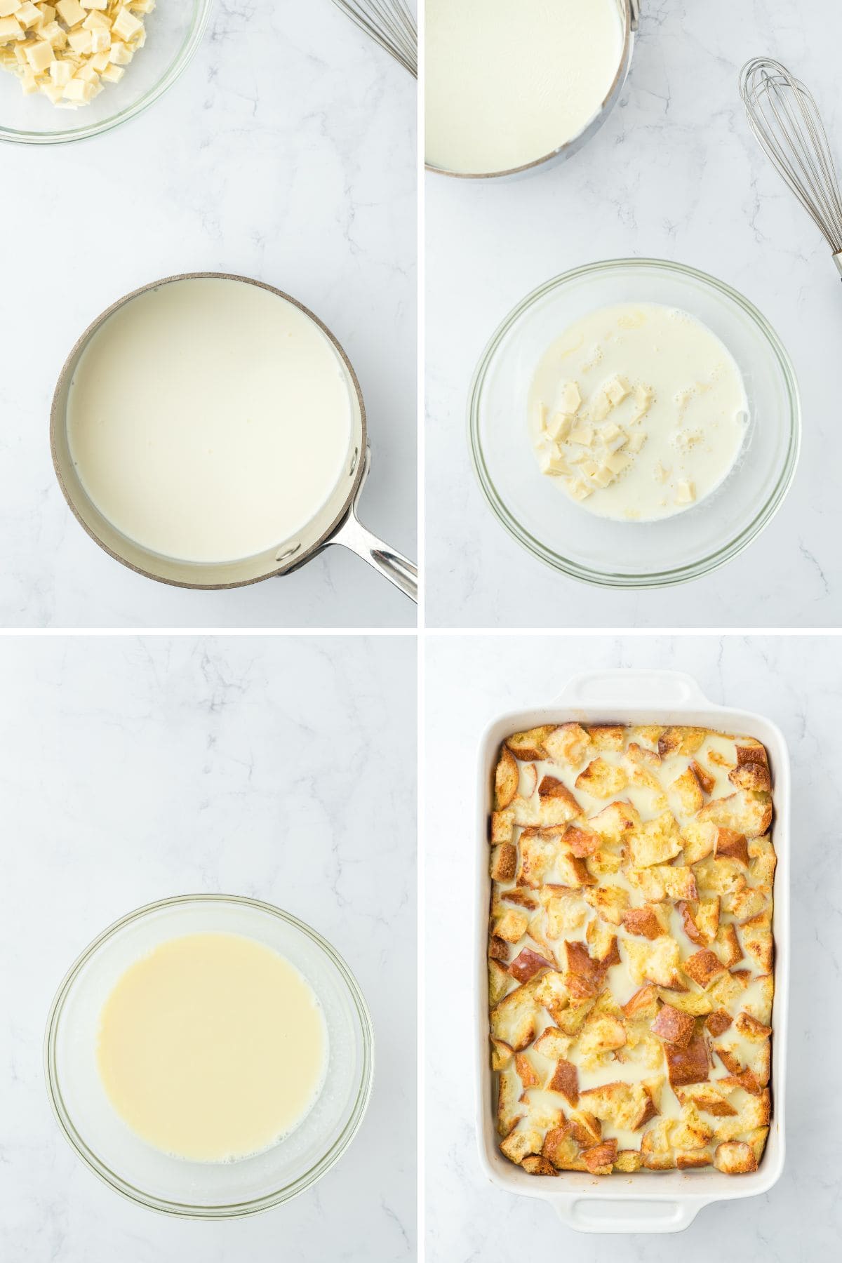 Collage of steps to make white chocolate bread pudding with making the white chocolate sauce, and pouring the sauce over the bread