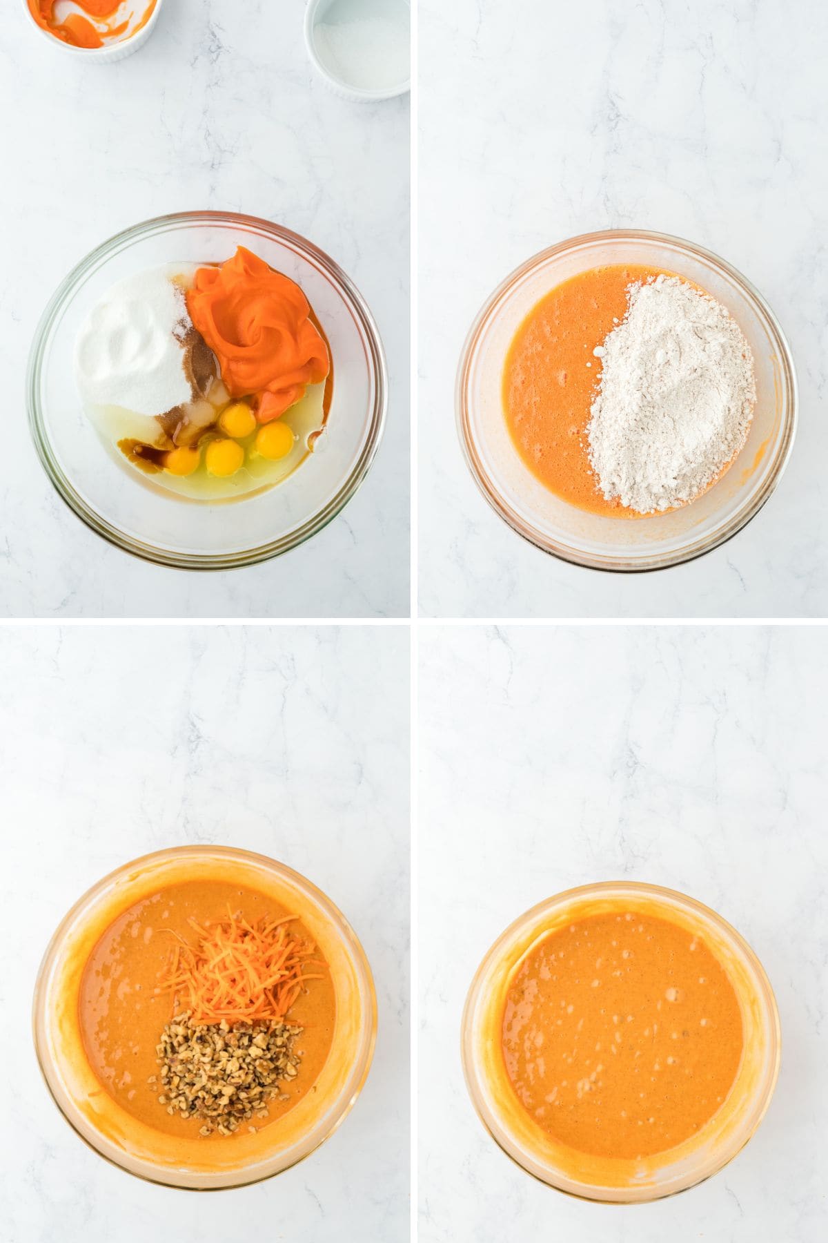 A collage showing mixing the carrot cake bars batter and then adding the shredded carrots and walnuts, and last fully mixed.