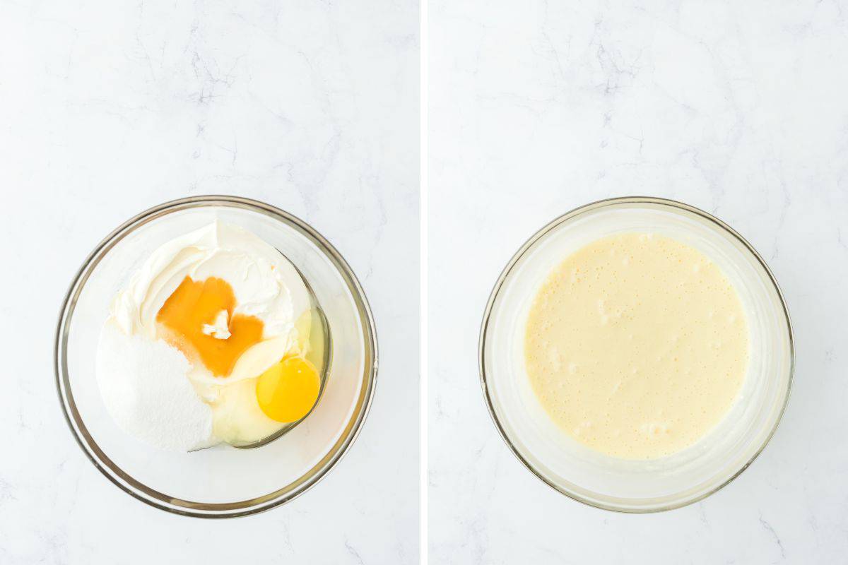 Cream cheese, sugar, egg, and vanilla in a mixing bowl and then after mixing.