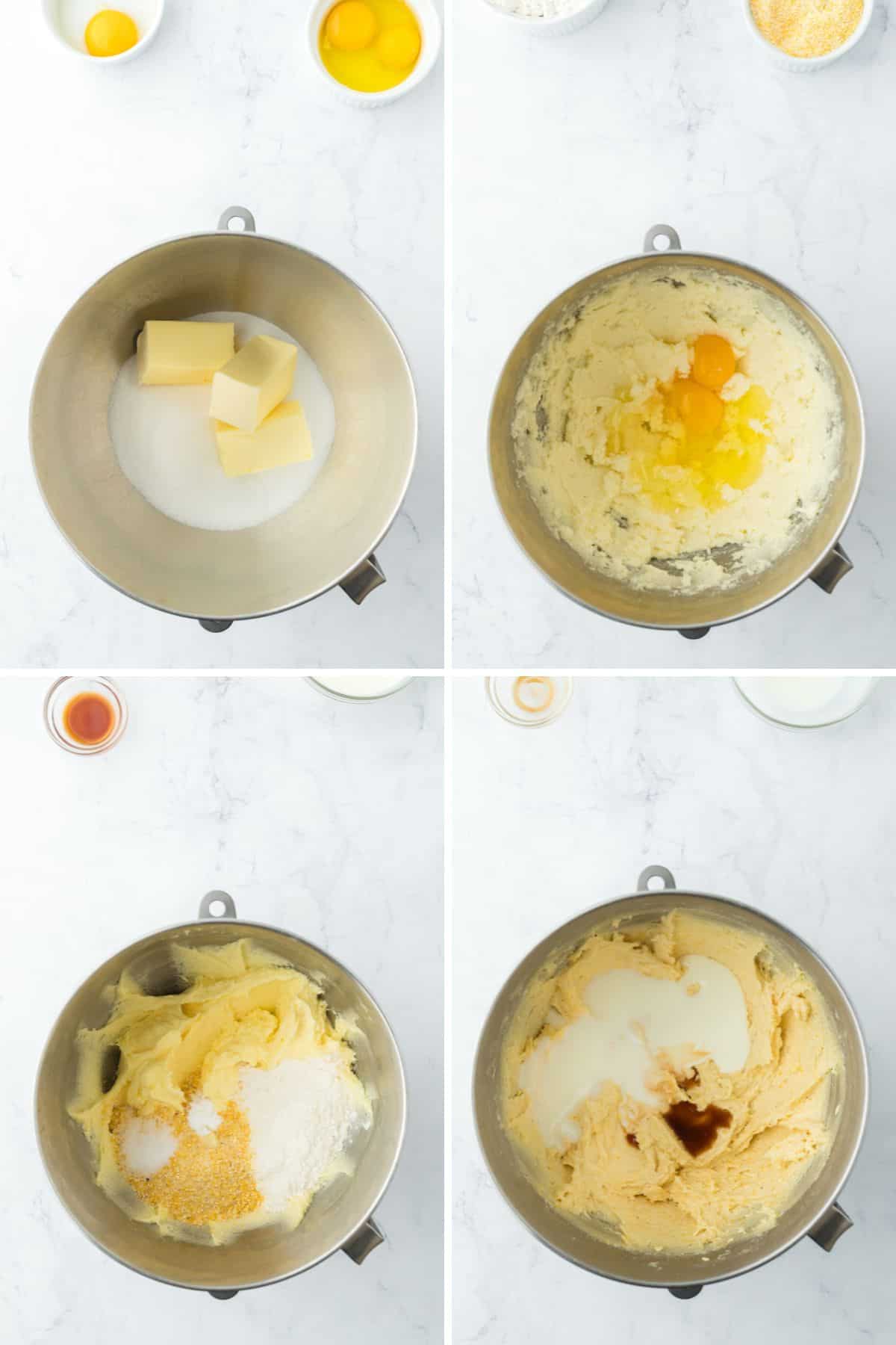 A collage of the steps for mixing the batter for cornmeal pound cake.