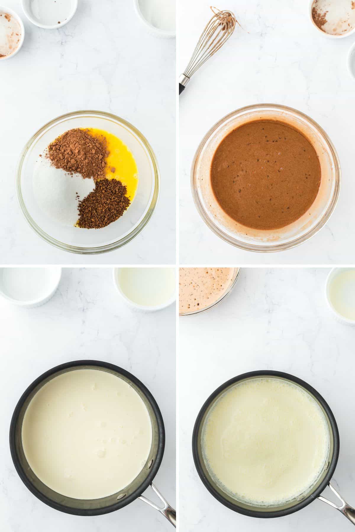 A collage showing the mixing of the chocolate and egg mixture for the ice cream and heating the dairy.
