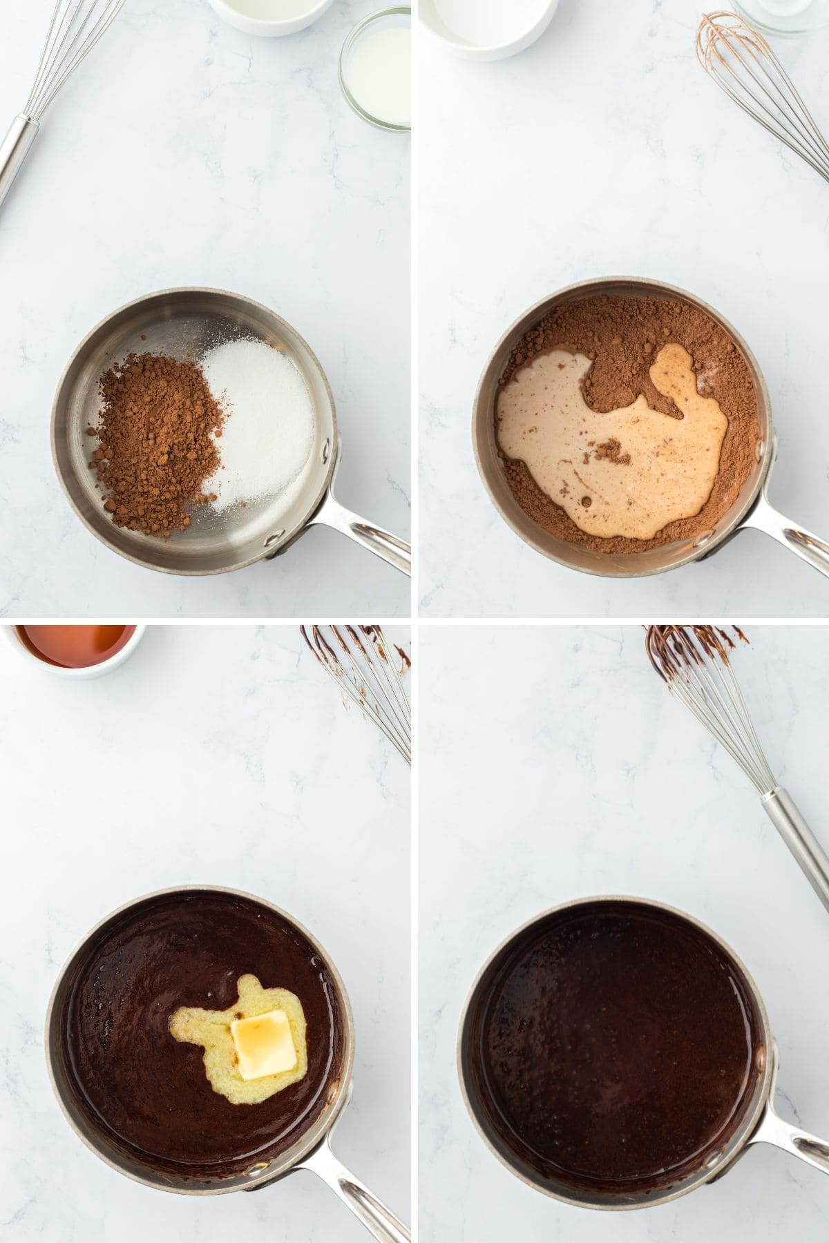A collage showing heating the cocoa powder and sugar, adding the dairy, then the butter, and then whisking until smooth.