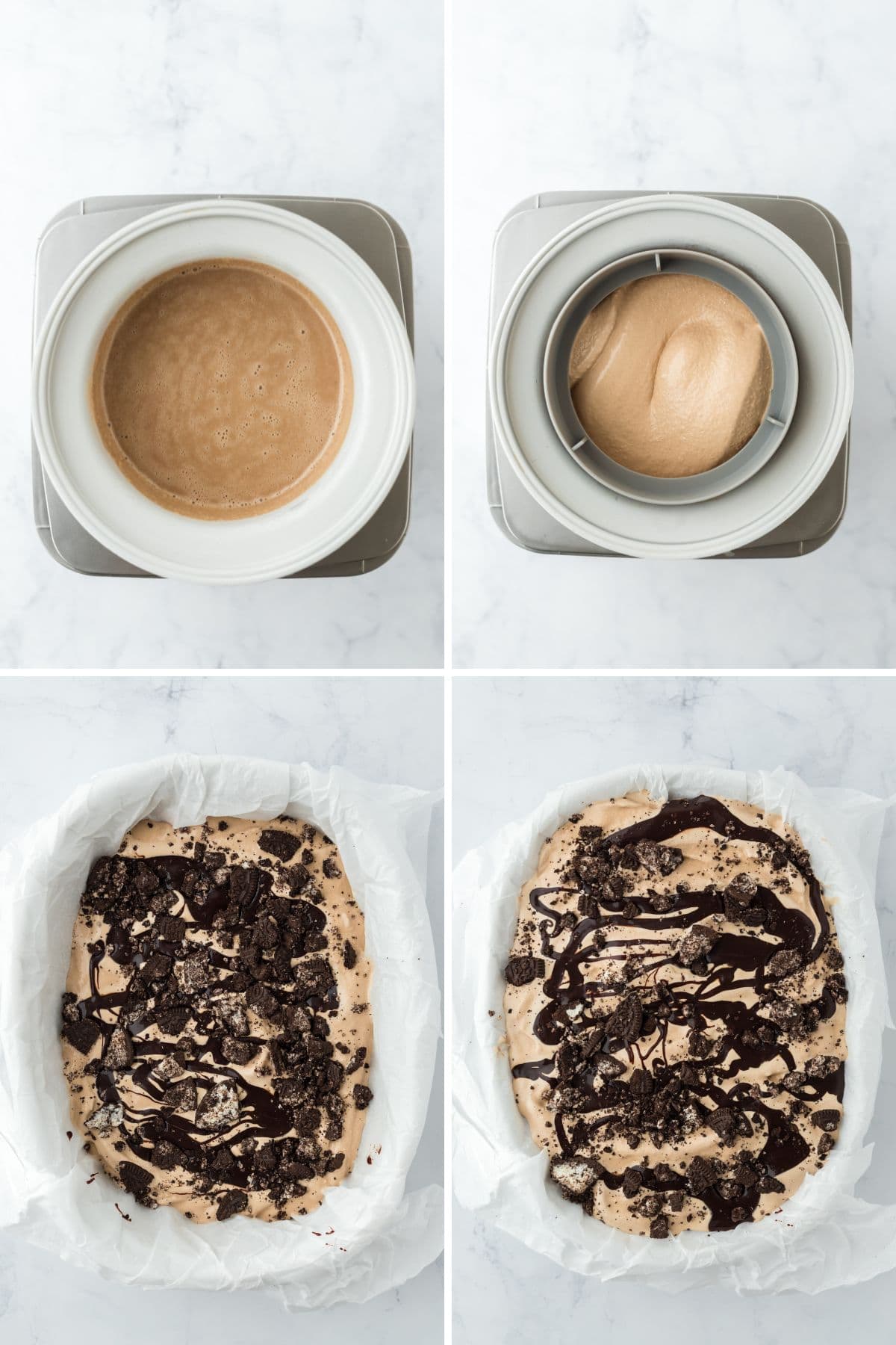 A collage showing the ice cream poured into the ice cream maker, once its frozen, spread in container and topped with the sauce and cookies, last the layers repeated.