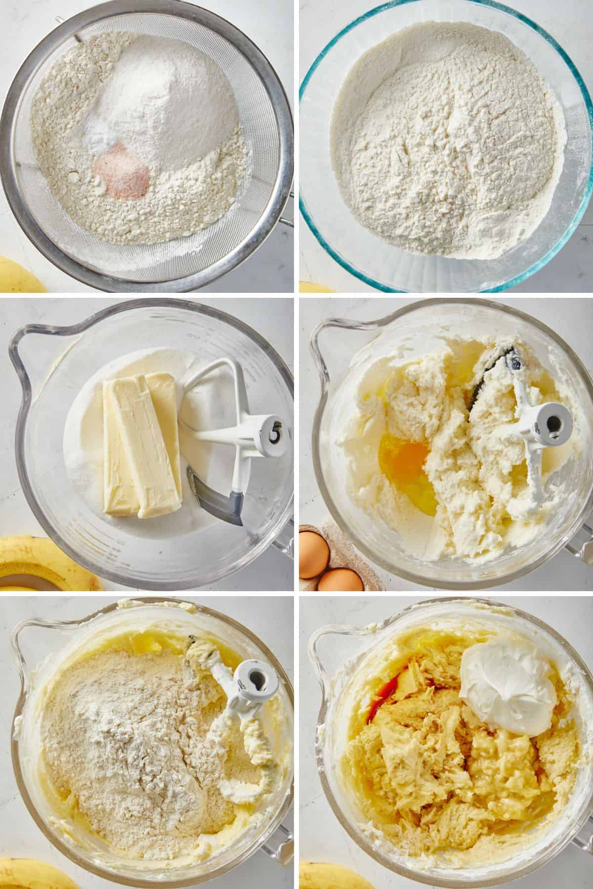 A collage showing the steps to make banana pudding pound cake with sifting the dry ingredients for the batter, and mixing the batter