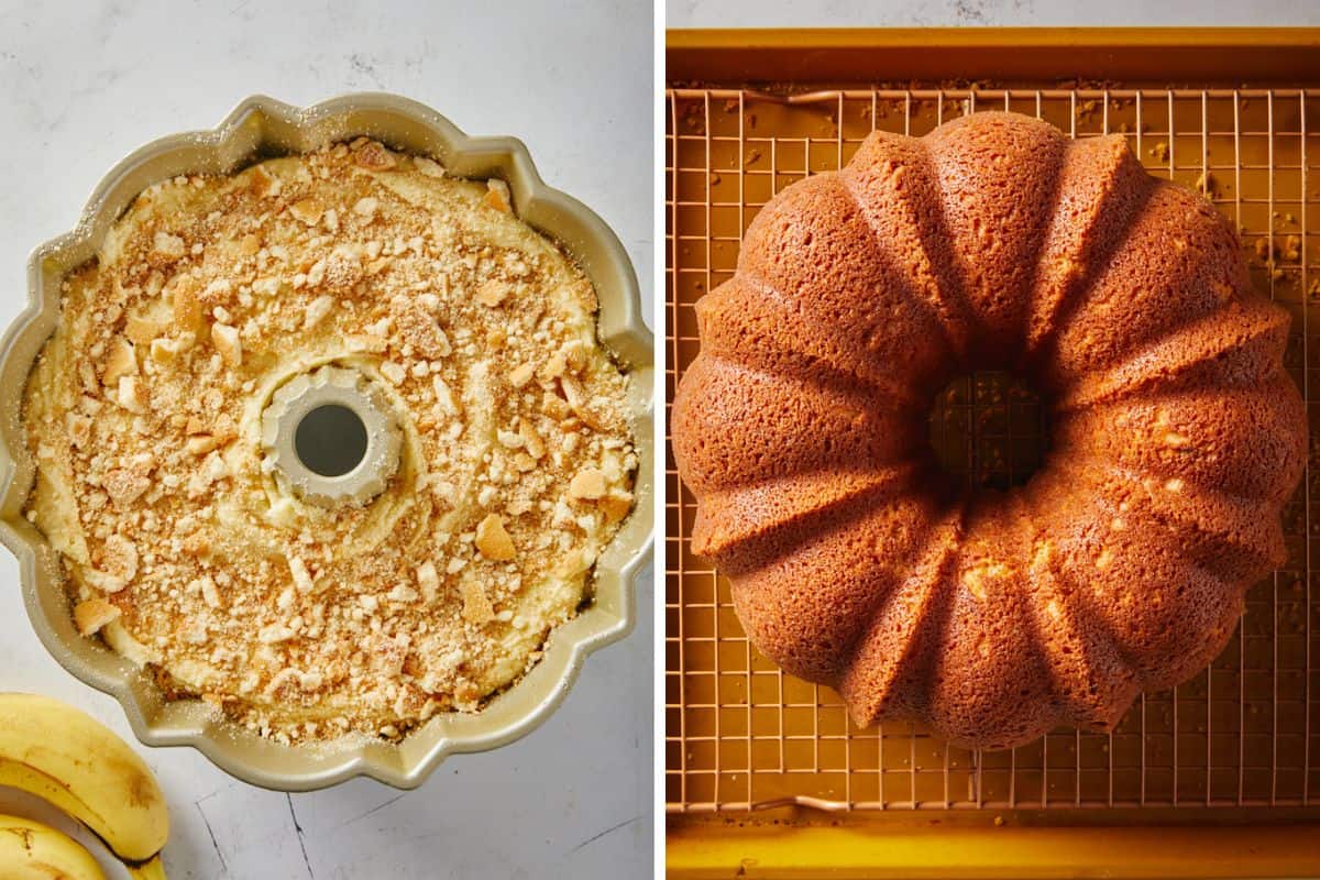 A collage showing the steps to make banana pudding pound cake with pouring the cake batter into the bundt pan, topping it with vanilla wafers, and baking the cake