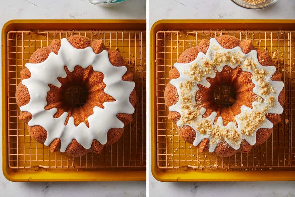 A collage showing the steps to make banana pudding pound cake with drizzling the glaze on top of the cake and decorating it with crushed vanilla wafers