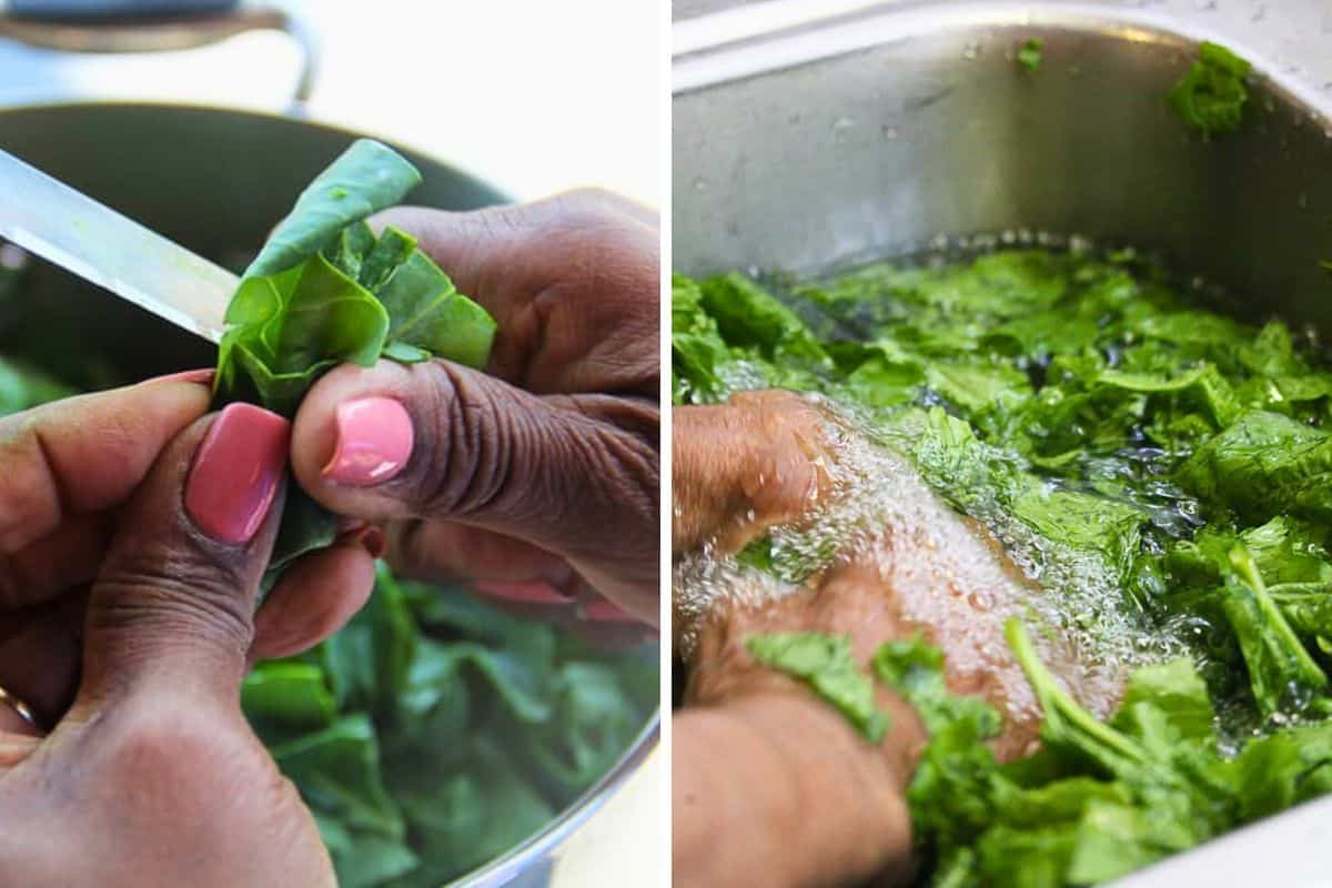 A step by step image collage on how to clean collard greens for this collard greens recipe