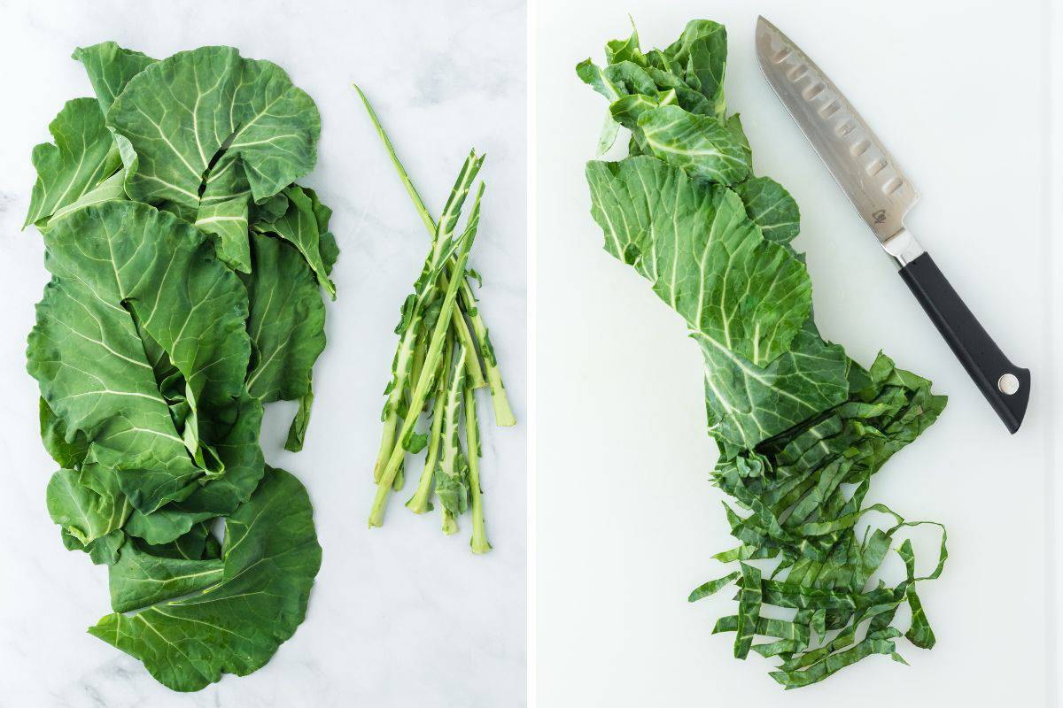 A step by step image collage on how to make this collard greens recipe, with desteming the greens and chopping them