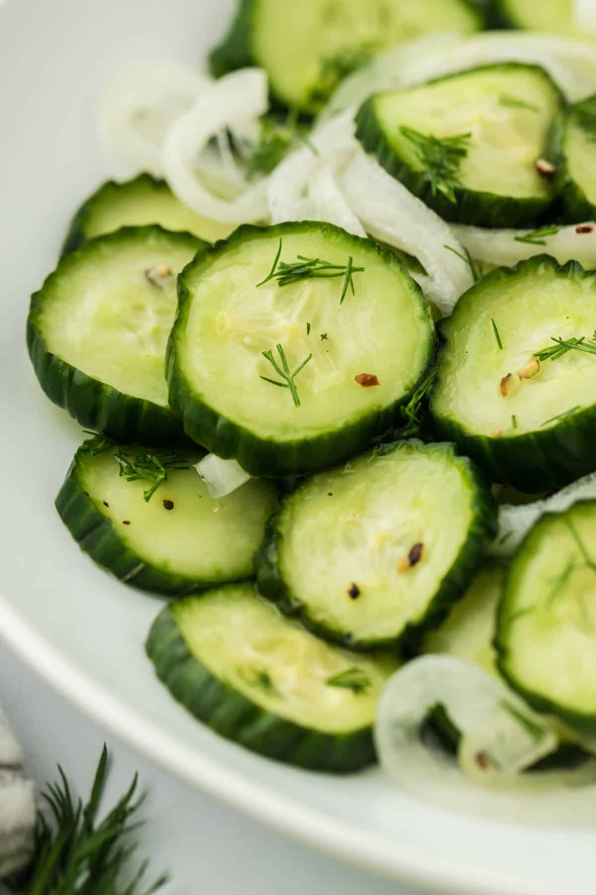 Closeup of a cucumber and onion salad garnished with fresh dill on a white bowl