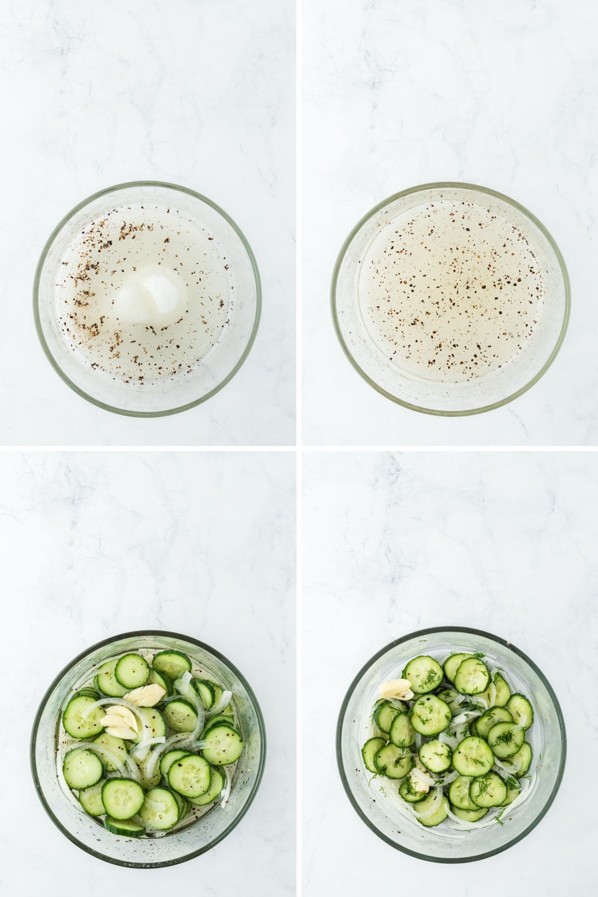 A step by step image collage on how to make cucumber and onion salad with mixing the soaking ingredients, adding the cucumber slices and onions, and draining the salad