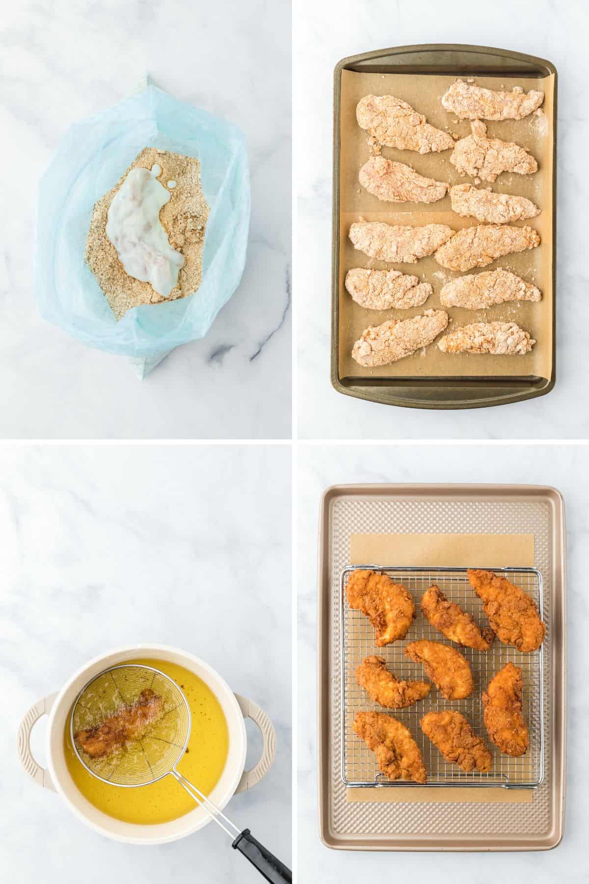 A collage showing the steps to coat and fry the hot honey chicken