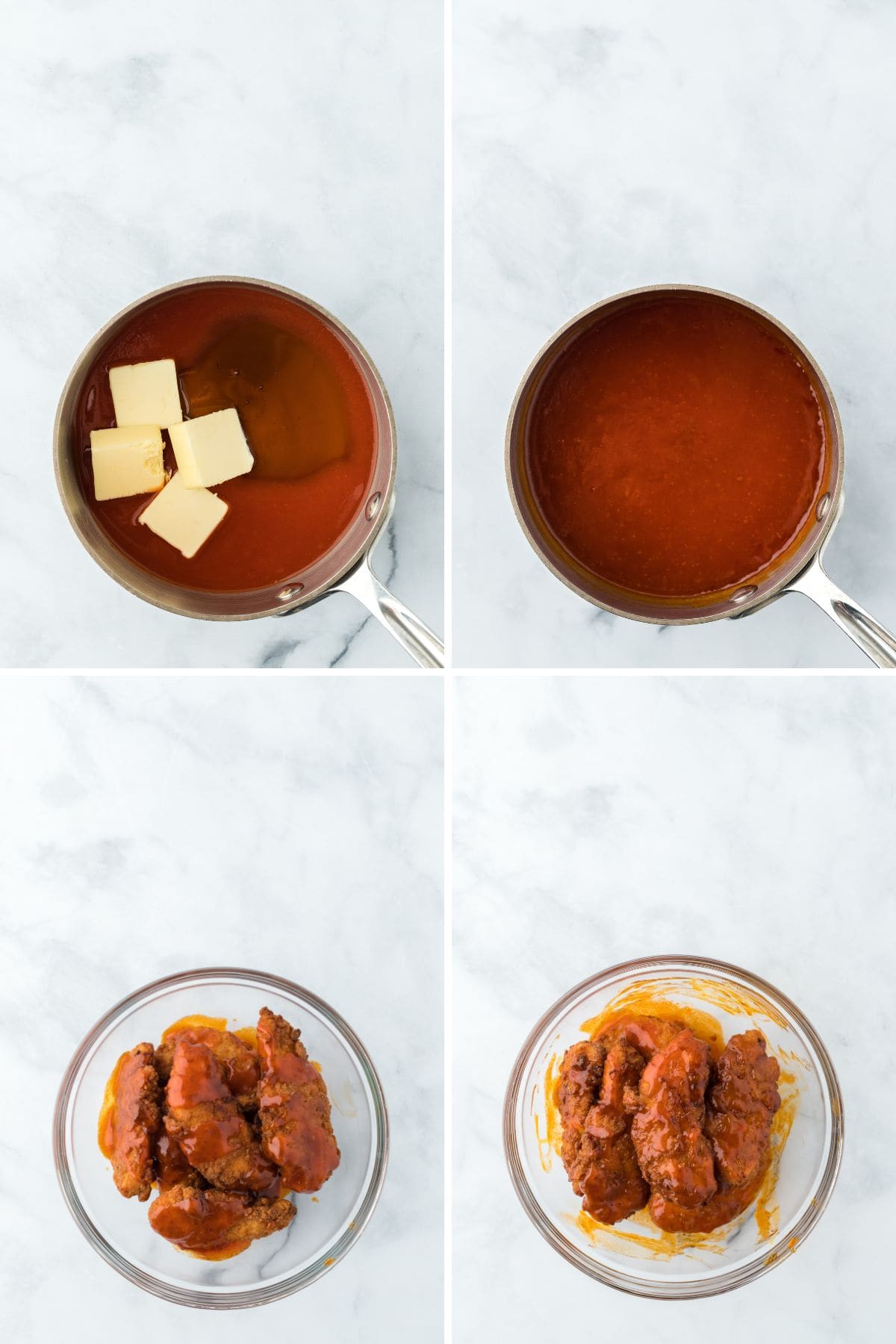 A collage showing the steps to make the hot honey sauce and drizzle and toss the chicken with the sauce