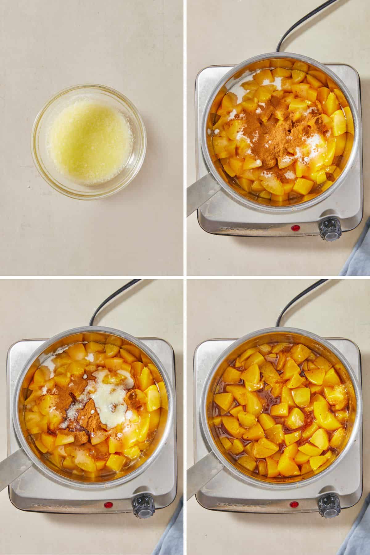 A step by step image collage on how to make the filling for the peach cobbler pound cake with mixing a cornstarch paste, mixing the filling ingredients with the paste, and cooking the filling