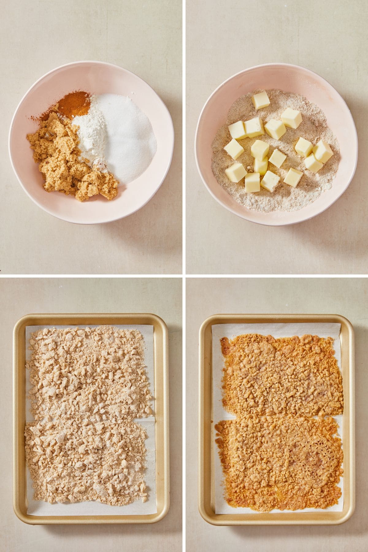 A step by step image collage on how to make the streusel for the peach cobbler pound cake with mixing the dry ingredients, adding the cubed butter, spreading the crumbs in a sheet pan, and baking them