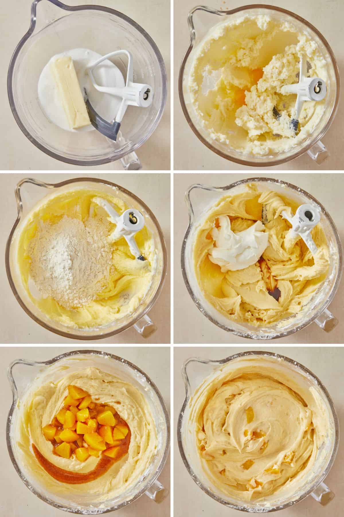 A step by step image collage on how to make the batter for the peach cobbler pound cake with mixing all the ingredients and folding in the peach mixture