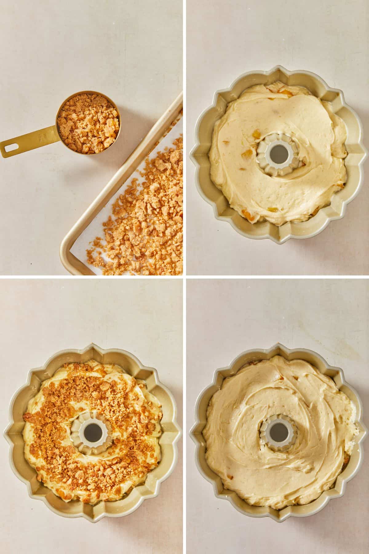A step by step image collage on how to make the peach cobbler pound cake with setting aside some of the streusel for decorating, and layering the batter and the remaining streusel