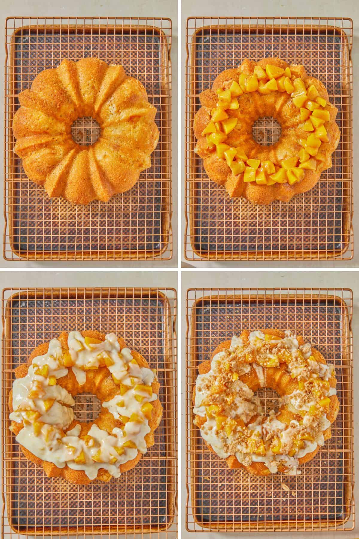 A step by step image collage on how to make peach cobbler pound cake with cooling the cake on a wire rack, and decorating it with peach filling, glaze, and streusel
