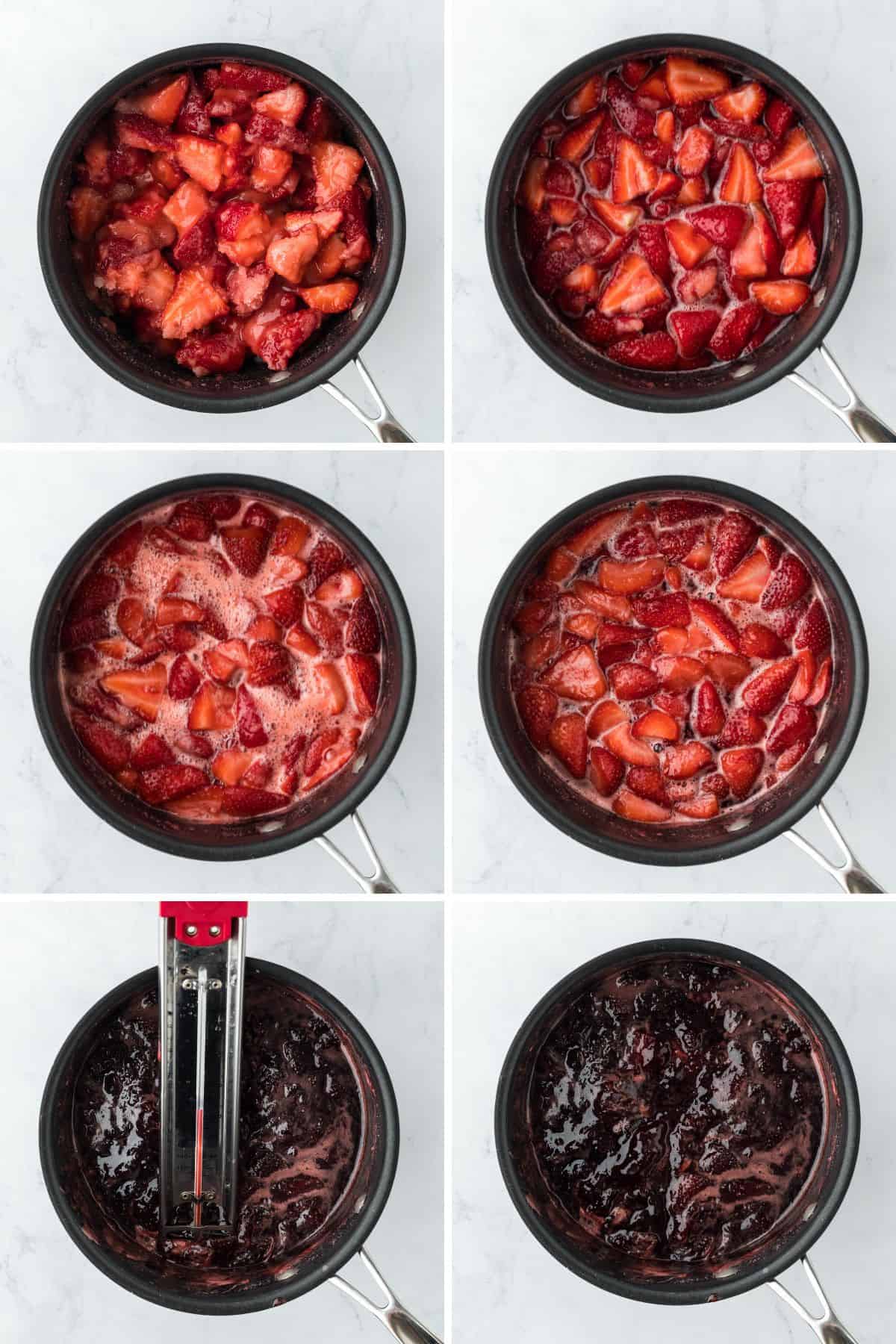 A step by step image collage on how to make strawberry preserves with mixing all the ingredients, letting them boil, skimming the mixture, and checking the temperature of the preserves with a thermometer