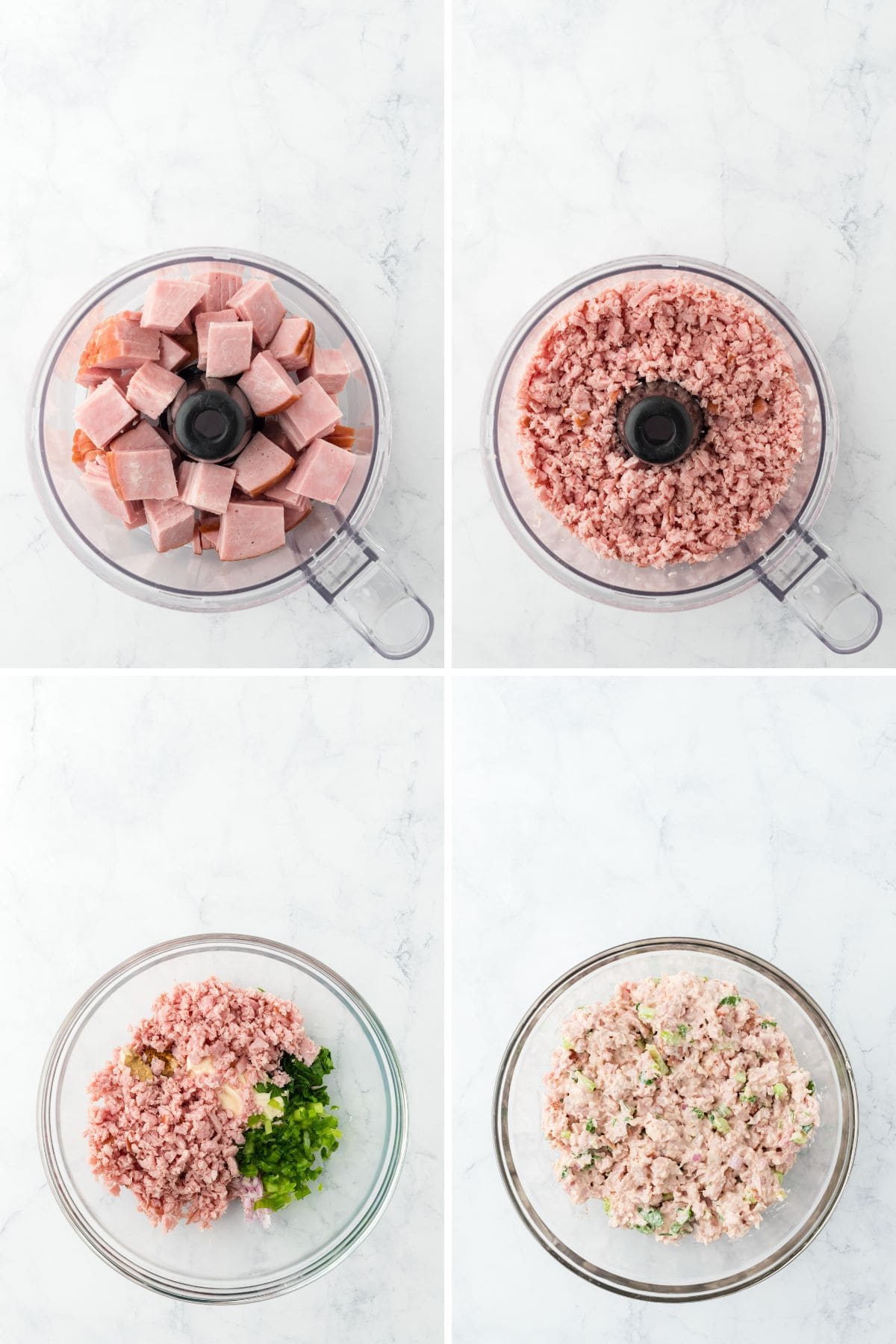 A step by step image collage on how to make deviled ham with processing the cooked ham and mixing it with the rest of ingredients
